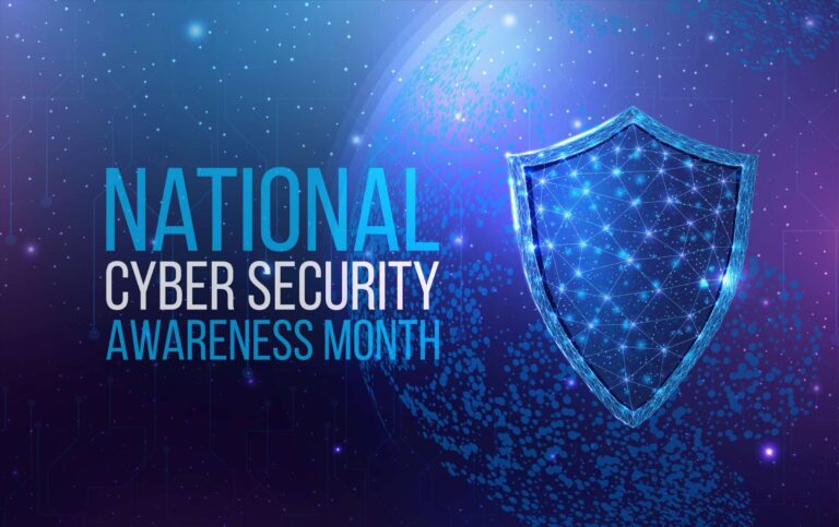 National Cyber Security Awareness Month. Wireframe polygonal shield with globe map. Cyber security, world protection concept with glowing low poly guard.